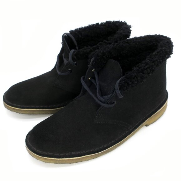 Clarks Desert Boots Wool Lined Fuzzy Black Suede Ankle Chukka Lace-up Womens 8.5 - Picture 2 of 5